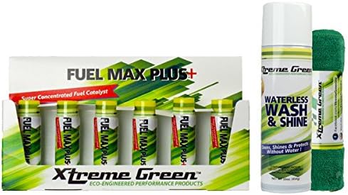 Xtreme Green Waterless Car Wash Kit - Wash &amp; Protect No Water Needed Includes 2 x Towels (16oz) AND Fuel Max Plus+ for Gas &amp; Diesel Reduces Emissions Improve Fuel Economy (6 x 20ml bottle) Value Combo