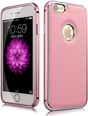 Iphone 6 Plus Leather Case, Xboun [Space Aluminium] Bumper Frame ,Premium [Litchi Lines ]Leather Skin Cover Case for Iphone 5.5 Inch (Pink)
