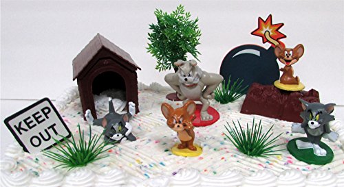 Tom and Jerry 8 Piece Cake Topper Set Featuring Tom, Jerry, Spike, Bomb and Dog House Decorative Pieces