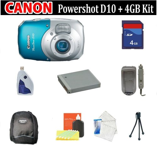 Canon PowerShot D10 Digital Camera (Includes manufacturer's supplied accessories) + HUGE ACCESSORIES PACKAGE INCLUDING + 4GB SDHC MEMORY CARD + CARD READER + EXTENDED LIFE BATTERY + CHARGER + CARRYING CASE & MUCH MORE !!
