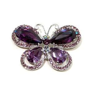 Lab Created Purple Amethyst Butterfly Silver Plated Brooch Pin by