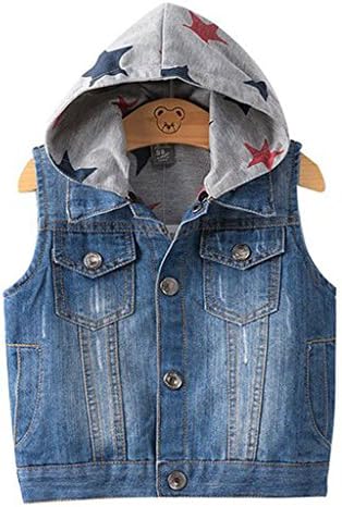 Carbin Boys' Girls' Denim with Cotton Lined Front Open Buttons Hooded Vests 05-4