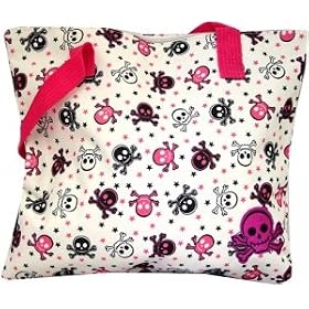 Trendy Rose & Hot Pink Skulls and Crossbones FLAT Tote Bag ~ Your Choice of White or Black Background