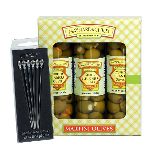 Gift Pack Variety of Stuffed Martini Olives- Bleu Cheese, Harissa, Picante - Martini Picks included