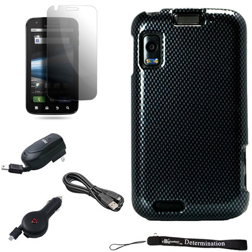 Black Glossy Carbon Fiber Design Cover / 2 Piece Snap On Crystal Hard Case for Motorola ATRIX 4G Cell Phone + Includes a Screen Protector + Includes a Retractable Car Charger + Includes a Retractable Home Charger + Includes a Data Sync cable