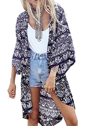 Choies Women's Chiffon Dark Blue Tribe Pattern 3/4 Sleeve Loose Kimono M
