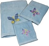 Blue Embroidered Butterfly Towel Set - Bath Towel, Hand Towel, Wash Cloth