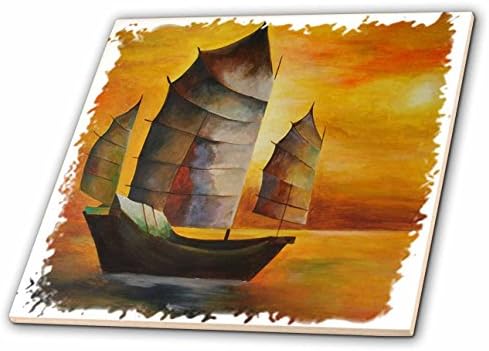 Taiche - Acrylic Painting - Sail Boat - Chinese Junk - sail boat, acrylic painting, sails, decorative, seascape, cubism, sailors, nautical - 8 Inch Glass Tile (ct_63141_7)