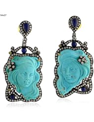18kt Yellow Gold Diamond Pave Dangle Sapphire & Turquoise Earrings New Year Jewelry