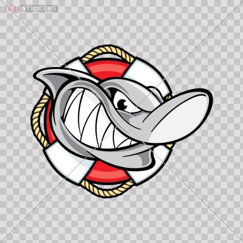 Sticker Shark On The Beach Lifesaver R Size: 4 X 3.4 Inches Vinyl color print