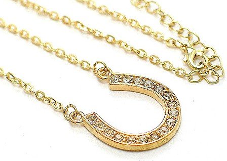 Lucky Crystal Horseshoe Charm Necklace Gold Tone
