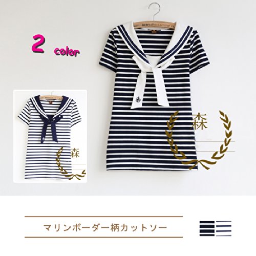 【マリンボーダー柄カットソー】セーラー風襟デザインで可愛い マリンスタイル セーラー服 ネックタイ付き半袖ブラウスＴシャツ 海軍風Tシャツ 半袖 ロンT レディースファッション セーラー風 定番 ボーダー tシャツ シンプル カットソー チュニック
