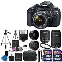 Canon EOS Rebel T5 Digital SLR + canon EF-S 18-55mm f/3.5-5.6 IS & EF 75-300mm f/4-5.6 III Lens + 58mm 2x Lens + Wide Angle Lens + Auto Power Flash + UV Filter Kit + 24GB SDHC card + Accessory Bundle
