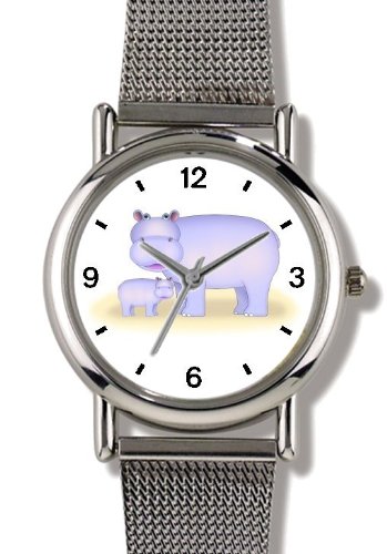 Hippopotamus (Hippo) Mother & Baby No.1 Cartoon - JP Animal - WATCHBUDDY® ELITE Chrome-Plated Metal Alloy Watch with Metal Mesh Strap-Size-Small ( Standard Women's Size )