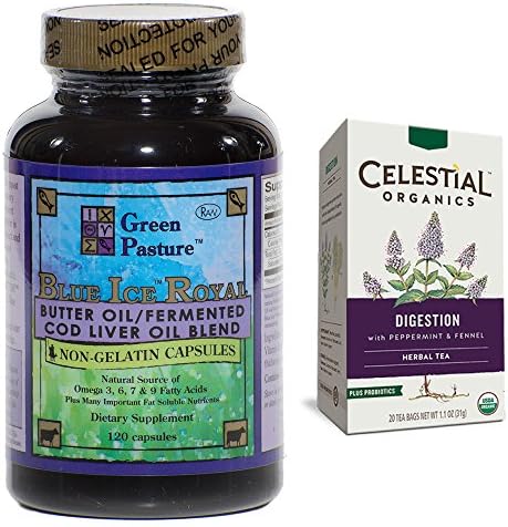 BLUE ICE ROYAL Butter Oil / FCLO Blend (120 Capsules) with BONUS Organic Digestive Tea with Probiotics (20-Pack)