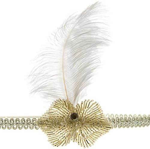 Gold/white 1920's Flapper Headband, Beaded Applique, Feathers