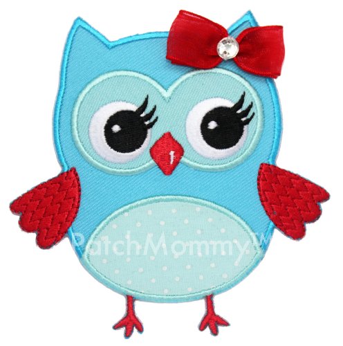 PatchMommy Iron On Applique Patch, Blue and Red Girl Owl - Kids Baby