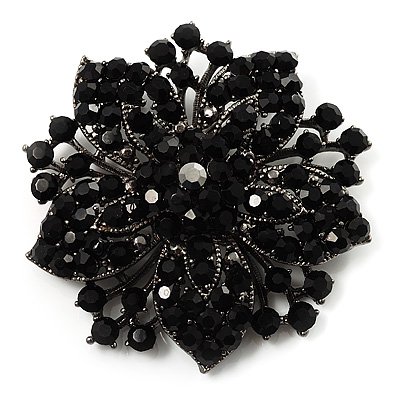 Victorian Corsage Flower Brooch (Silver&Jet Black)