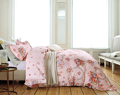 French Country Shabby Chic Ruffle Duvet Cover Princess Cotton Bedding 3pc Set Vintage Floral Girls Teen Soft Pink Rose Reversible Print Full Queen