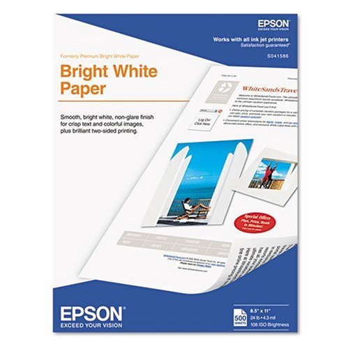 Epson Premium Bright White Inkjet Paper, 108 ISO Brightness, Letter Size, 500 Sheets (S041586)