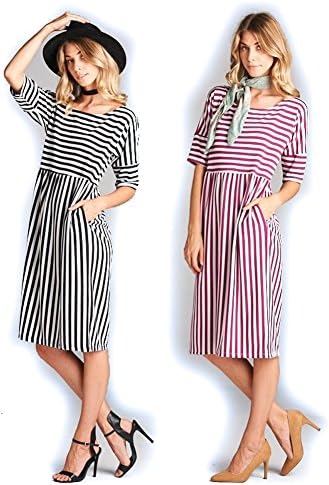 Women's Light French Terry Cloth Stripe Raglan Midi Pocket Dress (Medium, Black)