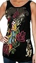 CHRISTIAN AUDIGIER Ed Hardy Womens Tattoo Geisha Umbrella Roses Tank Tee T-Shirt Black