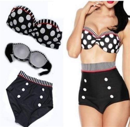 Push up Swimsuit Swimwear Retro Vintage High Waist Bikini Sets Black Polka S
