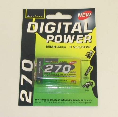 AccuPower AP270-1; 9 Volt/270 mAh Rechargeable Nickel Metal Hydride (NiMH) Battery - 1 Per Pack