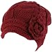 Hand Knit Winter Cable Crochet Flower Visor Beanie Skull Ski Snow Cap Hat Wine