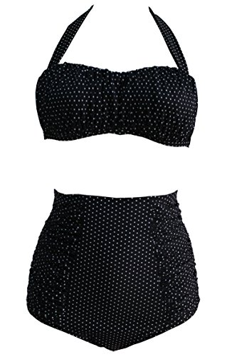 Cocoship Retro Ruched High Waist Bikini Floral Polka Dot Vintage Swimsuit(FBA)