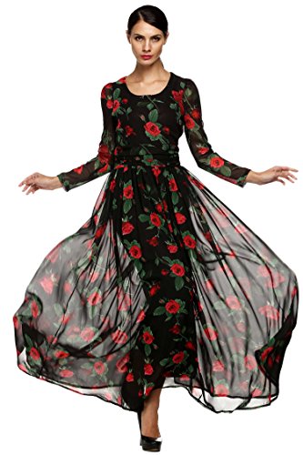 FINEJO Women's Summer Elegant Floral Slim Beach Casual Long Maxi Dres