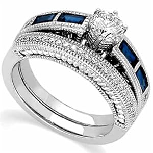 14K White Gold Blue Sapphire and Diamond Bridal Ring Set (Center stone is not included)