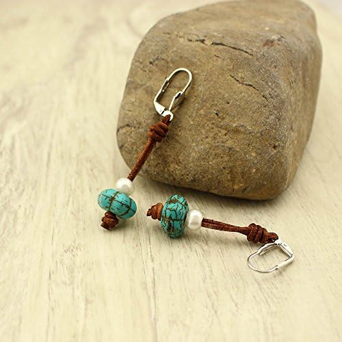 Handmade Pearl and Turquoise Dangle Earring Strung on Brown Leather with Alloy Earrings Buckle