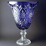 COBALT SPRING LEAVES CRYSTAL FOOTED BOWL CENTERPIECE