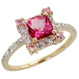 14K Gold Fancy Ring, w/ 0.31 Carat Brilliant Cut Diamonds & 1.41 Carats 6mm Cushion Cut Pink Topaz Stone, 3/8' wide