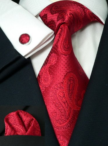 LANDISUN 51G RED PAISLEY SILK SET:TIE+HANKY+CUFFLINKS