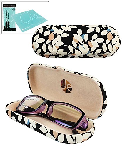 JAVOedge Black Leaves Pattern Fabric Clamshell Style Eyeglass Case with Bonus Mircofiber Glasses Cleaning Cloth