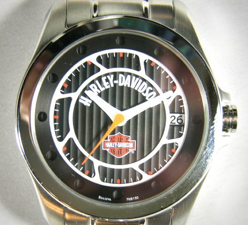 Harley-Davidson® Bulova® Men’s Watch. Date window. Heavy stainless steel case. Black patterned dial with wheel design. Luminous hands. WR50m/165ft. 76B150