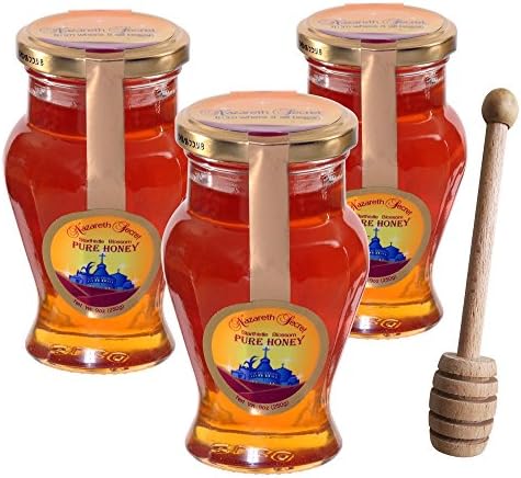 Holy Land Gifts, Pure Honey from Israel, Natural Gift From Nazareth Israel 3 X 8.8 Oz Amphora Jars with Wooden Honey Dipper