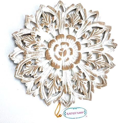 Home Decor Circular White &amp; Brown Floral Handmade Thai Teak Wood Carving Wall Art Decor Hanging 12", Sankumpang, Chiangmai, Thailand.