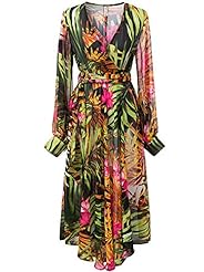 Summer Chiffon Long Sleeves Sheer Floral Print Tropical Print Party Dress 