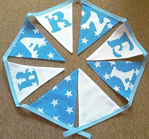 Personalized or decorative gift handmade luxury lined baby blue and white star print fabric bunting wall decor
