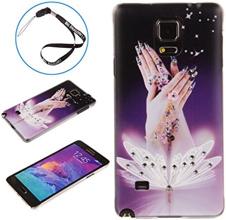 Big Dragonfly Samsung Galaxy Note 4 IV Dreamy Stylish Wing Pattern Studded Tiny Diamond Crystal Bling Plastic Cover Case+ Big Dragonfly Handstrap (Puple White)