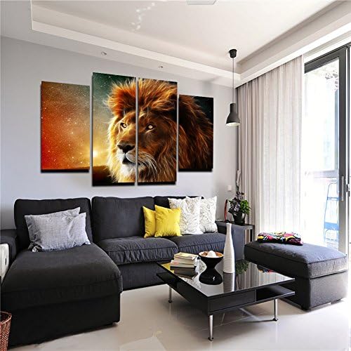HD 4 Panel Oil Painting Lion Art Canvas Wall Hanging Art Lion King Picture Landscape Modern Living Room Decorative(No Frame)