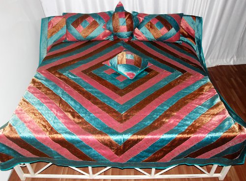 Attractive Patch Work Silk Bedspread with Pillow Covers & Cushion Covers