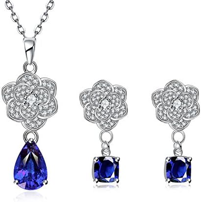 Womens Lotus Crystal Jewelry Set Pendant Necklace &amp; Dangle Earrings Sets Teardrop &amp; Cube Pendant Inlay CZ