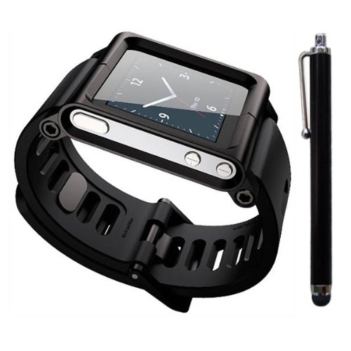 SQdeal® Fashion Black Watch Wrist Strap Wristband for Apple iPod Nano 6 6g 6th Gen Generation Cover Case with Touch Stylus Pen