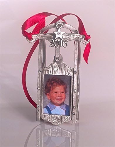 2021 Sled Photo Christmas Ornament Pewter with Austrian Crystals Made in USA