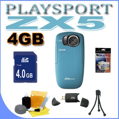 Kodak PlaySport (Zx5) HD Waterproof Pocket Video Camera - Aqua (2nd Generation) 4GB Accessory Saver Bundle