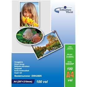 100 Sheets A4 260g/m� Photo paper: very glossy and waterproof photo paper, compatible with all current Ink Jet and Photo Printers from EtikettenWorld BV